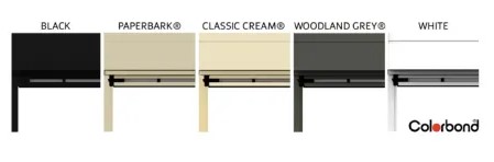 Manual outdoor blinds in black, paperbark, classic cream, woodland grey, and white Colorbond. A Grade Garage Doors, Perth